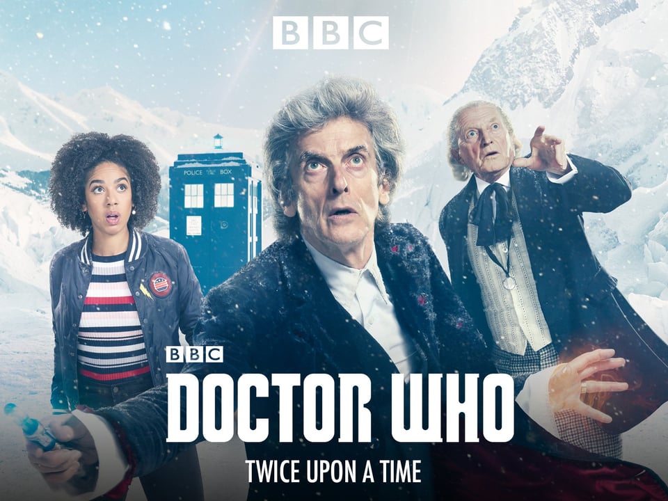 "Twice Upon A Time" poster with Bill, The Doctor (12), and The Doctor (1)