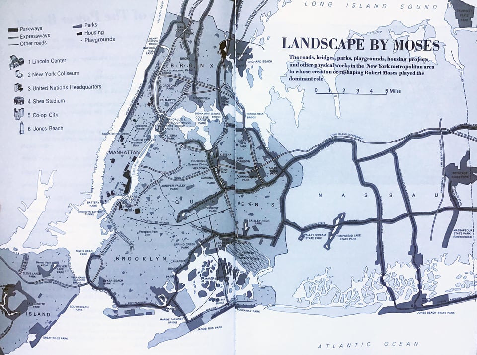 A map of New York and Long Island showing the vast parkways and park systems that Moses built. With the title "Landscape by Moses".