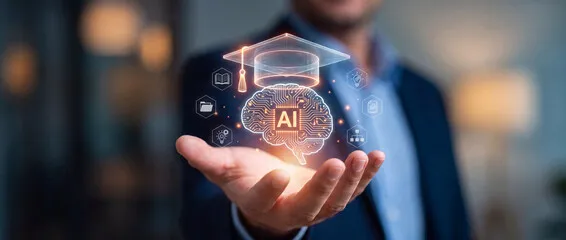 a hand holding a simulated ai brain