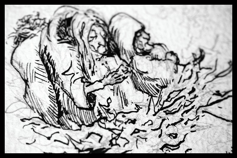 zdjęcie z prac tuszem - śpiące wiedźmy