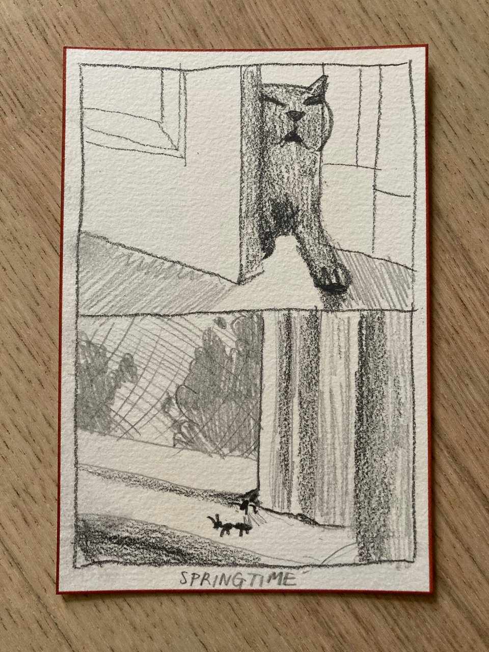 A pencil sketch with two panels. The first has a black cat trying to squeeze itself in through a door. The second has a line of ants finding their way in through a crack in the window.