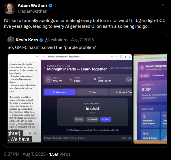 Tailwind creator Adam Wathan apologising for how a default in Tailwind led to every AI generated UI choosing it as a design default