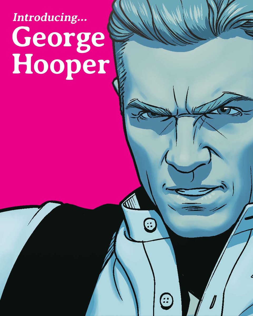 A drawing of ONE FOR SORROW character George Hooper, on a magenta background. He's a white man in his late 30s, with sandy brown hair and brown eyes. he's wearing a shirt without the collar, with the top two buttons undone, and a black waistcoat. He looks angry.