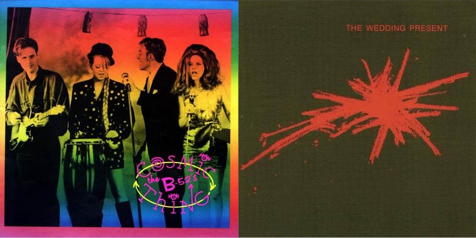 First pic: A photograph of the B-52's, tinted with a rainbow of colors, red to yellow to green to blue. They are arranged from left to right, in performance. First is Keith Strickland, a young white man with longish New Wavey hair, playing guitar and smiling. Second is Cindy Wilson, a young white woman wearing a bowler-shaped hat and a very long braid going down her shoulder to her waist. She wears a sparkly coat and is playing a bongo and singing. Third is Fred Schneider, a young white man with short hair, in a suit and tie, holding a microphone in a stand, and facing Cindy, singing to her. Last but not least is Kate Pierson, who has very big red hair that frames her face like a circle. She is wearing a shimmering dress and is singing into a microphone on a stand, and is facing (a presumed) audience. Second pic: A dark brown-green background. In red, done with a pencil or crayon, is a kind of explosion shape, made out of a series of scribbles.