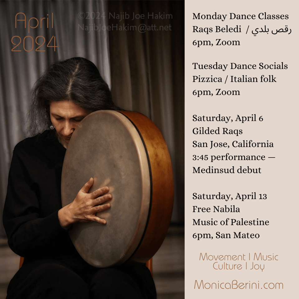 Monica looks down while holding a big frame drum. Text highglights April events.