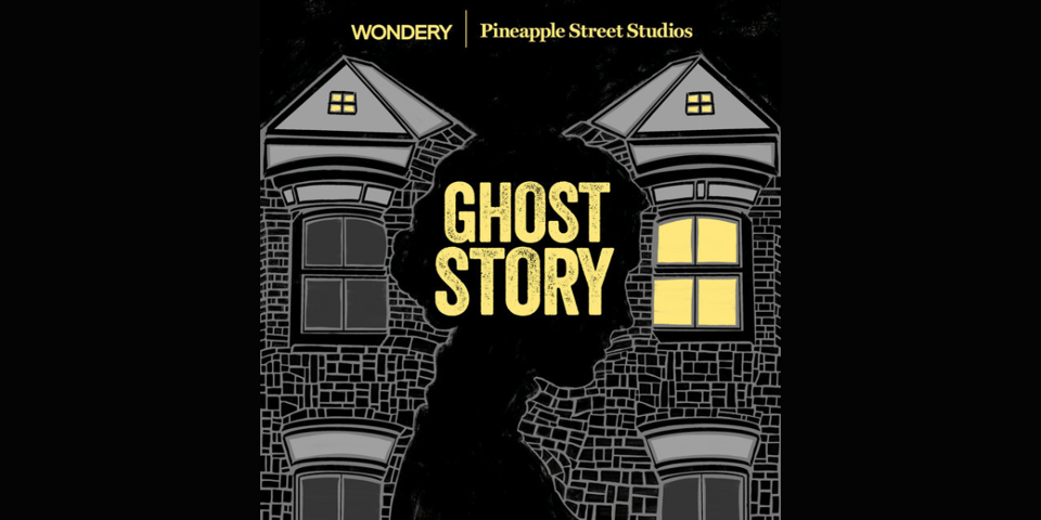 The Ghost Story cover art - two houses divided by the silhouette of a woman.