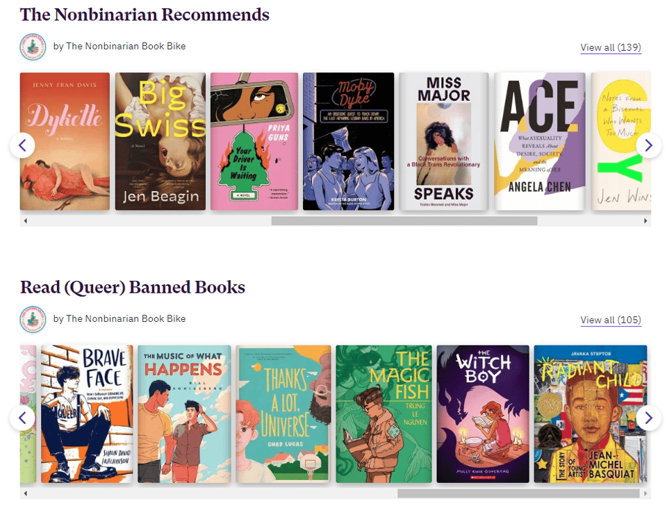 A screenshot of The Nonbinarian Book Bike's Bookshop.org storefront