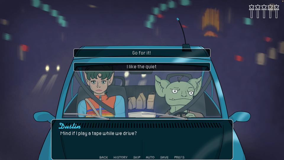 A screenshot from a game. Two characters sit in the car: an elf and a goblin. The elf is wearing a colourful coat. One is asking if they can play a tape while they drive and there are two dialogue options presented: "Go for it" and "I like the quiet."