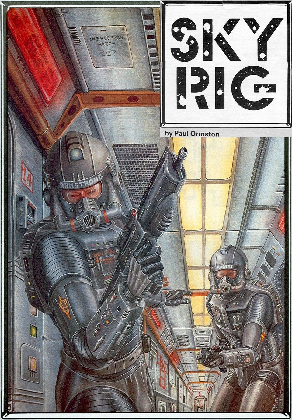 Two science fiction assault staff in armoured space suits, make their way along a tunnel brimming with neon lights and chrome fittings