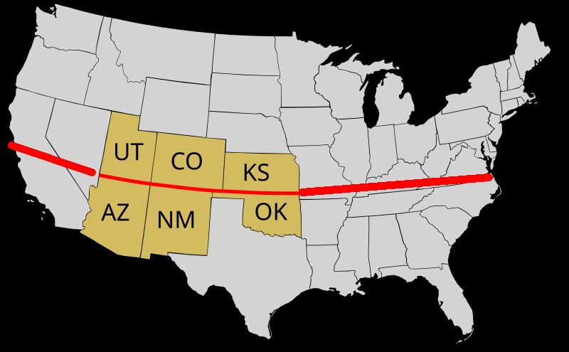 United States, with red highlight from California, through the Utah/Arizona, Colorado/New Mexico, and Kansas/Oklahoma Borders, east to the Virginia / North Carolina border