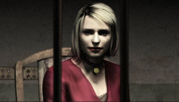 Maria sitting in a chair in a jail cell with bars obscuring her seated form