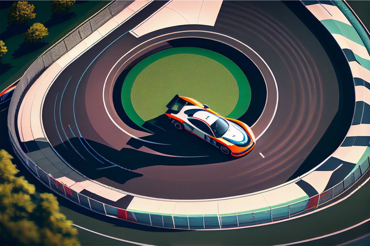 Racing car stuck half on and half off a racing track