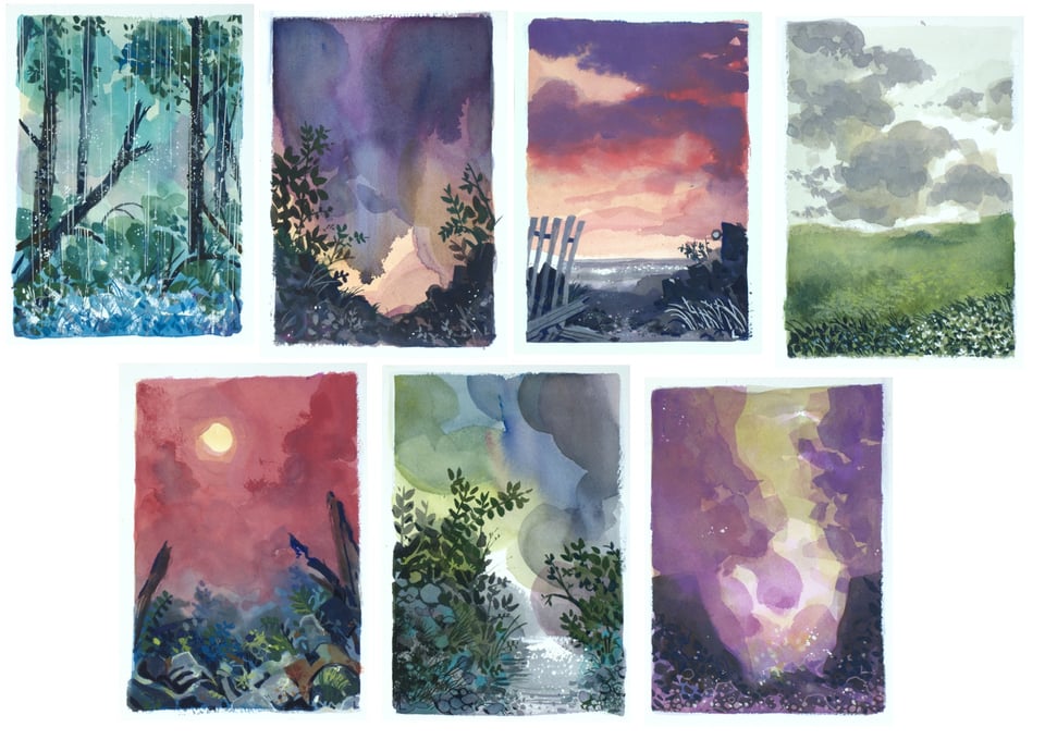 thumbnail images of seven landscape paintings