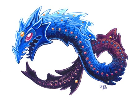 An acrylic painting of a wyrm (serpent-like limbless, wingless dragon) coiled into the shape of an infinity symbol about to eat its own tail like an ourobouros. Its head is surrounded by a crest that ends in several sharp points and it has three horns (that we can see) on its head and one more on its nose. It has a shiny yellow bauble/eye in the middle of its forehead, as well as smaller baubles/jewels embedded in its scales, running the entire length of its body. It has a second head on its back half and many different spikes along its body. Its tail tapers to a point and ends in a sharklike fin. Its front half is painted in shades of blue, while its back half is a dark purple with orange and yellow accents.