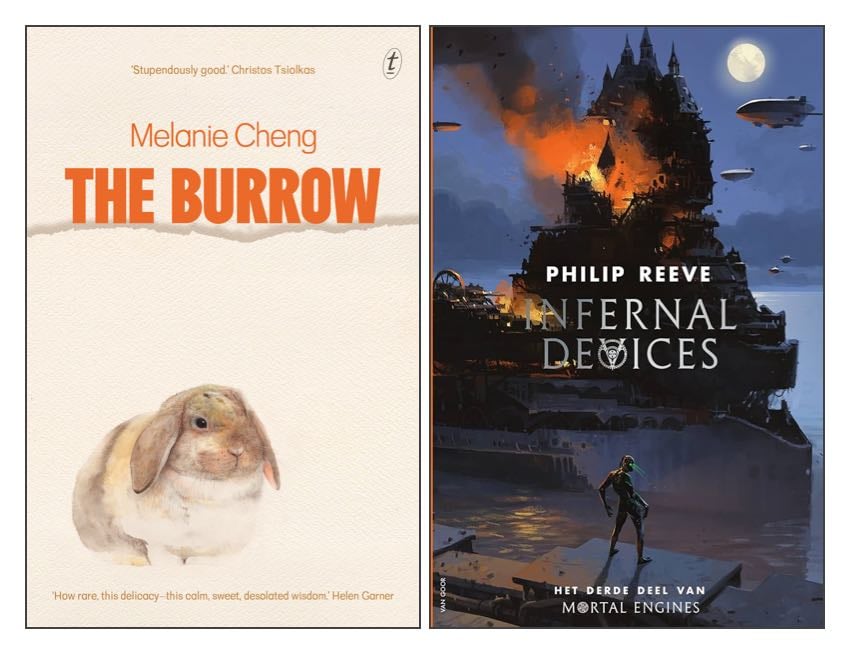 The covers of two books: The Burrow by Melanie Cheng and Infernal Devices by Philip Reeve