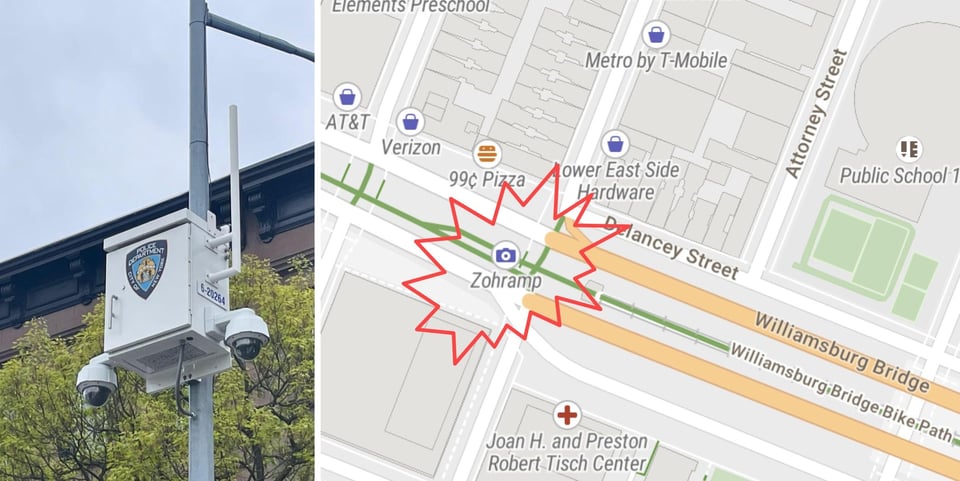 an NYPD surveillance camera and a map image of Zohramp