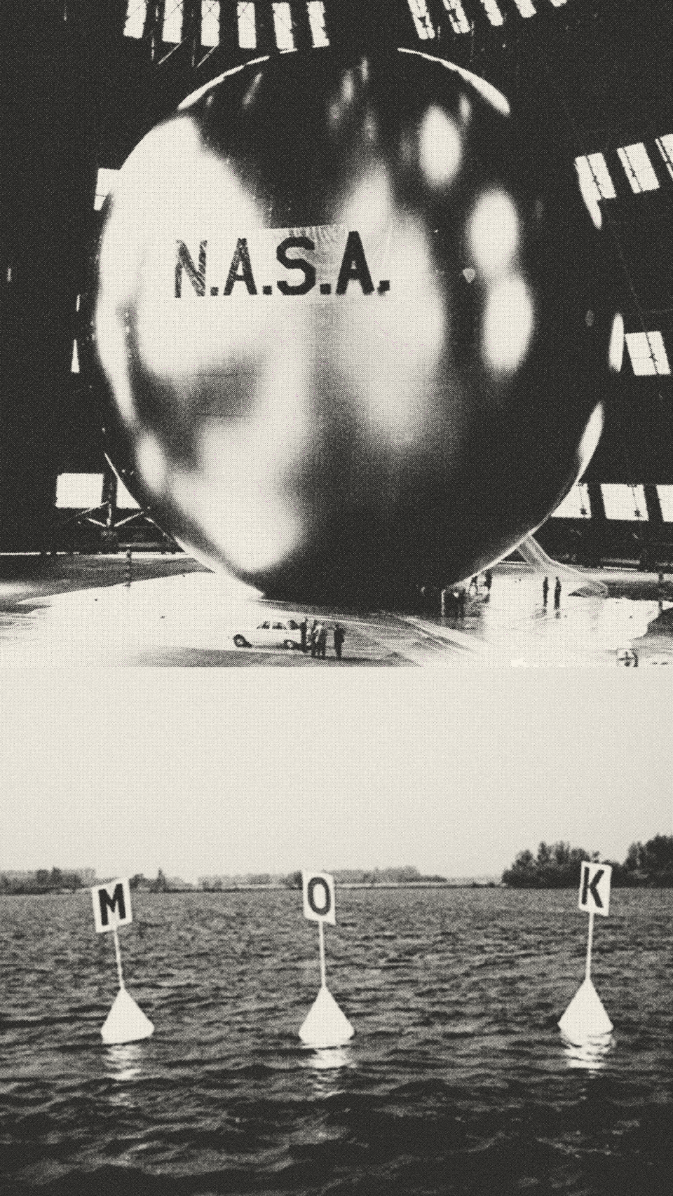 two black and white images, stacked above each other, above a big, silver NASA balloon with the word NASA on it, and some people in front of it. Below, four letters (M/O/K), attached to buoys, bobbing on Dutch waters