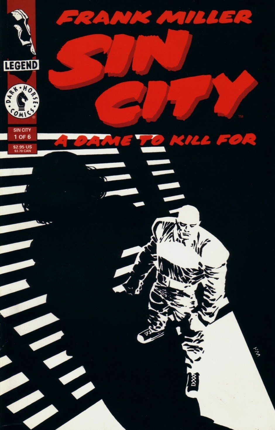 The cover to Sin City: A Dame to Kill For #1. Stark black and white with red logo.