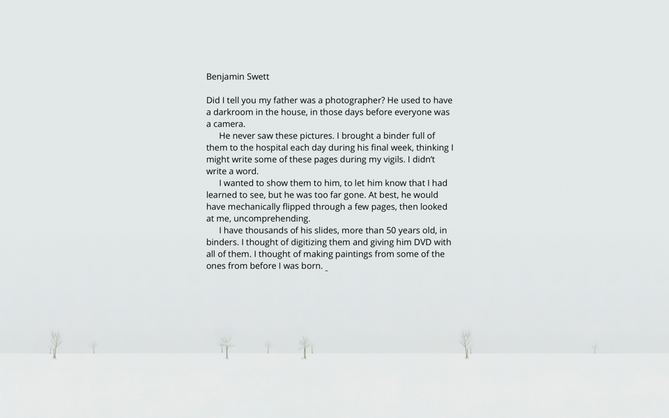 screen-cap of an OmmWriter page featuring some text about how sad my dad was, and a gray background with snow on the ground and bare trees on the horizon