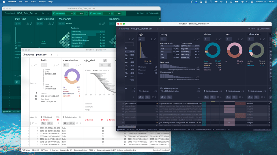 Three Rowboat application windows open, showcasing different kinds of data and themes.