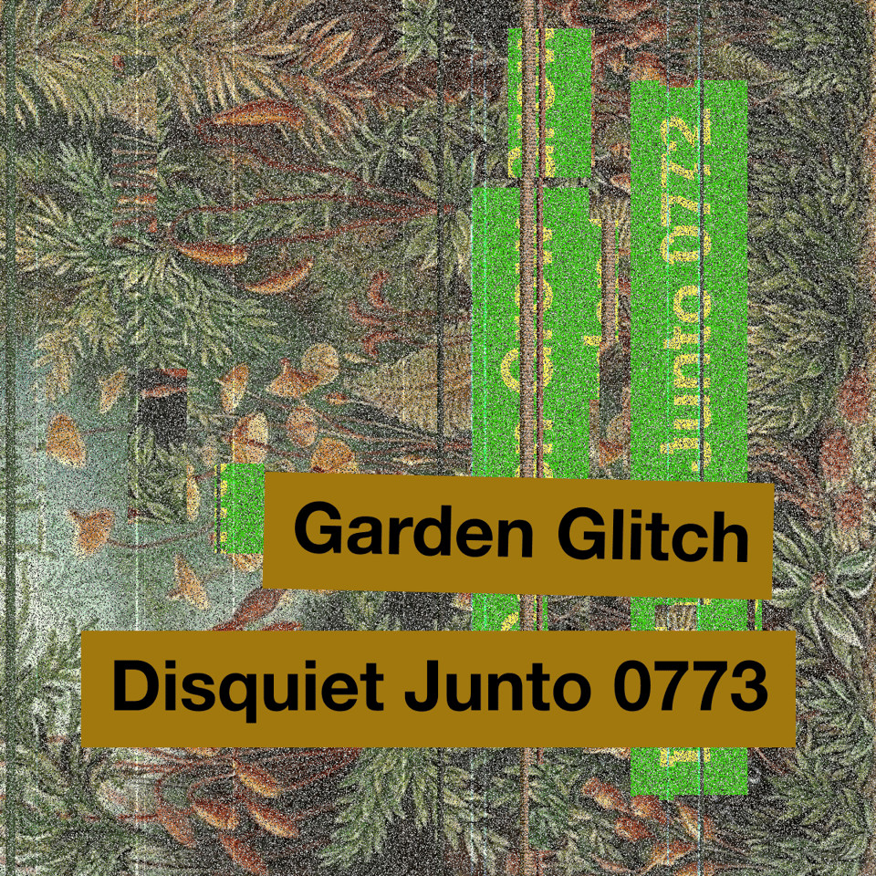 Glitched picture of a garden and garbled text plus the name and number of the project