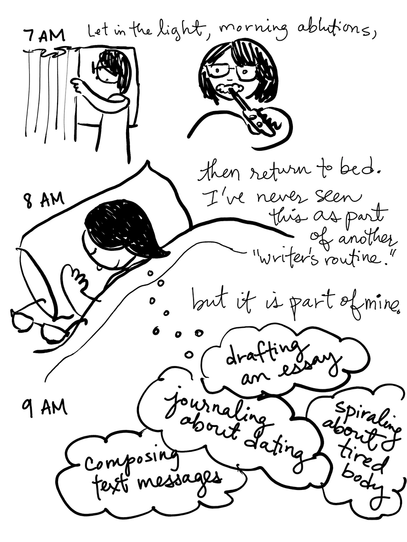 B&W illustrations showing Stina getting up, brushing her teeth, and going straight back to bed to "draft an essay, journal about dating, spiral about tired body, and compose text messages" in her rest.