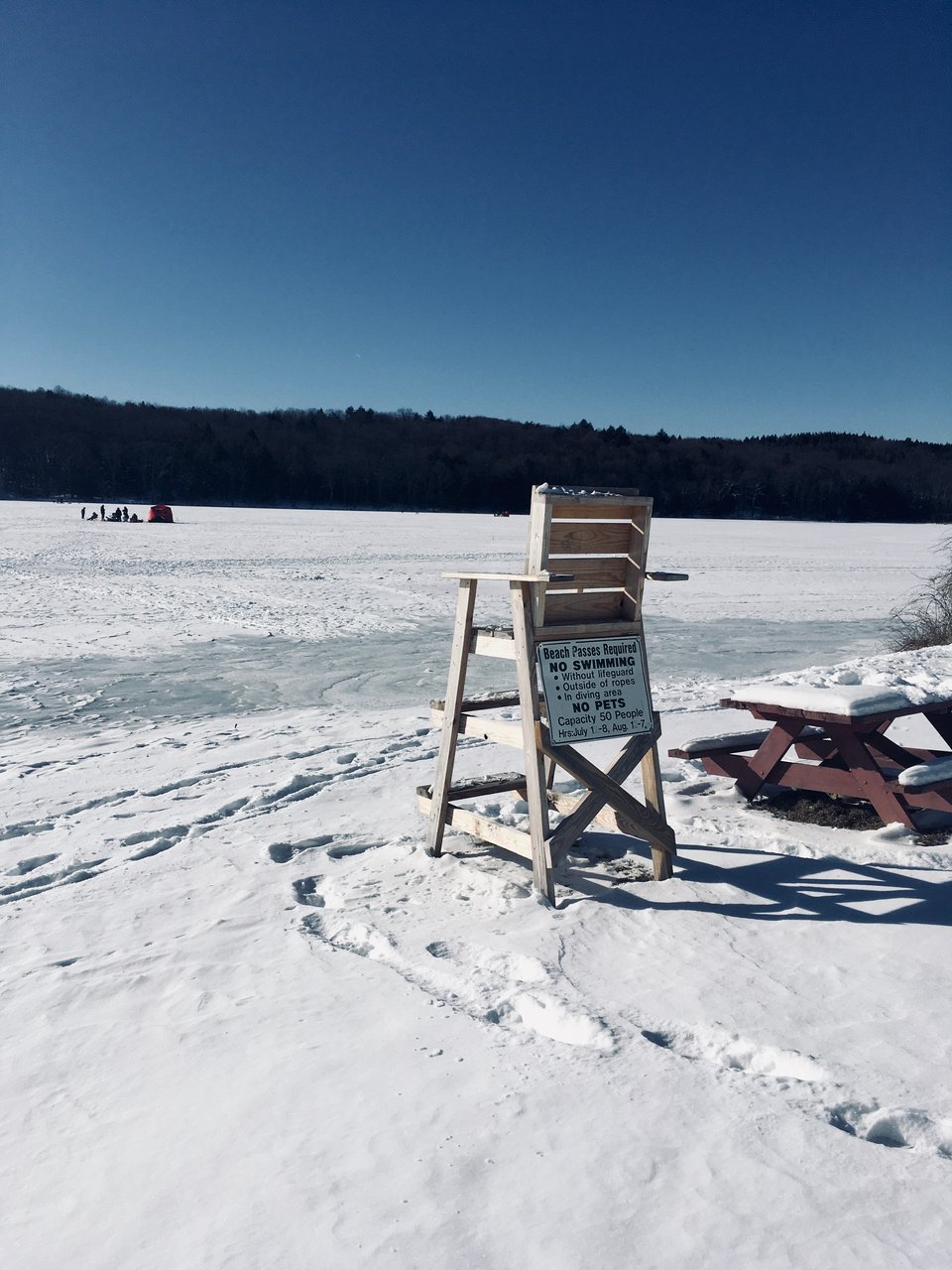 a snow-covered beach and lake. in the distance are people ice-fishing. in the foreground is a lifeguard chair with a No Swimming sign and picnic bench.