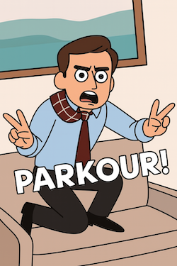 A cartoon version of Michael Scott from The Office shouting "Parkour!"