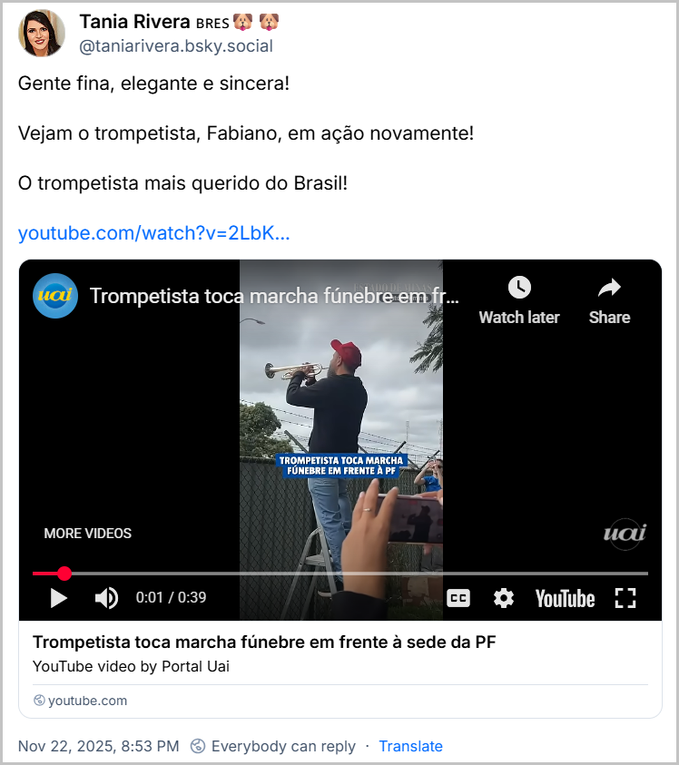 Post de Tania Rivera 🇧🇷🇪🇸🐶🐶 (@taniarivera.bsky.social) com o texto: Gente fina, elegante e sincera! Vejam o trompetista, Fabiano, em ação novamente! O trompetista mais querido do Brasil! (o post contém um video)
