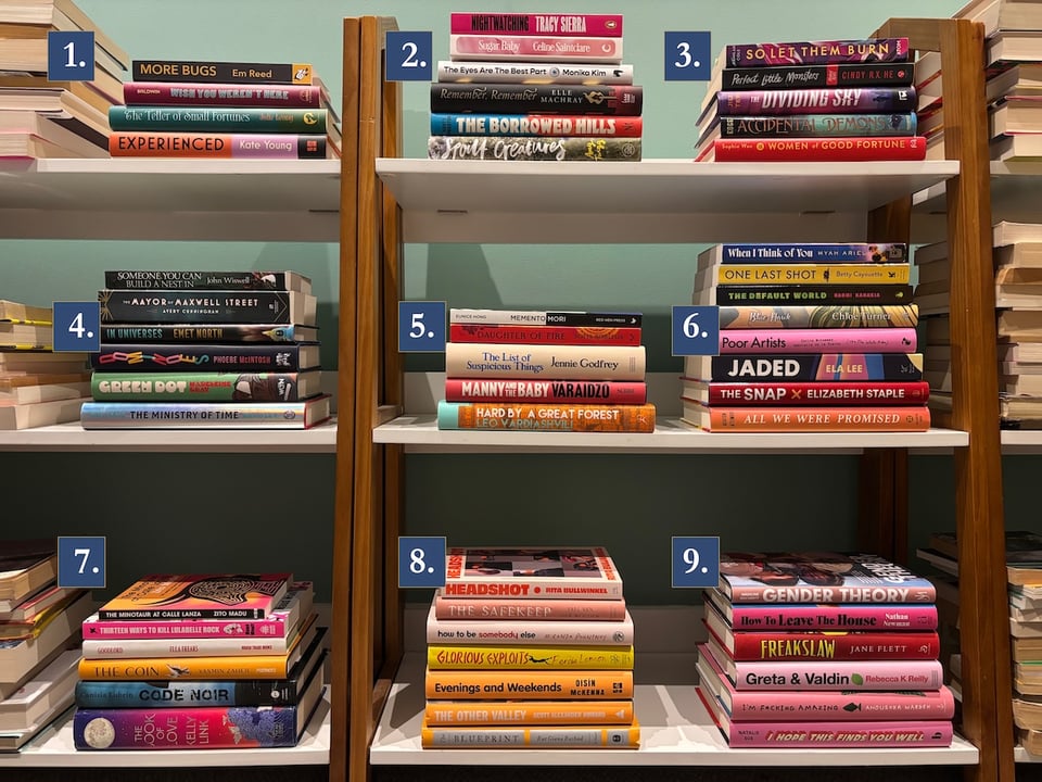 Here, the books are arranged into nine piles of about 4-8 books each