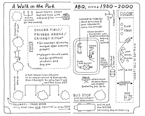 Line drawing titled A Walk in the Park by Sarah Atlee. It is a top-down, simplified diagram of a public park near Atlee's childhood home. Handwritten text describes different areas of the park and their uses based on Atlee's memories.