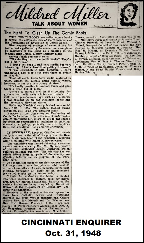 Image of a newspaper column from the Cincinnati Enquierer on October 31, 1948 about how local parents and pastors were fighting to clean up comics