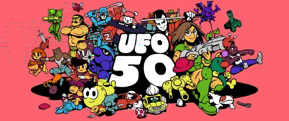Logo of UFO 50 with many different colorful characters.
