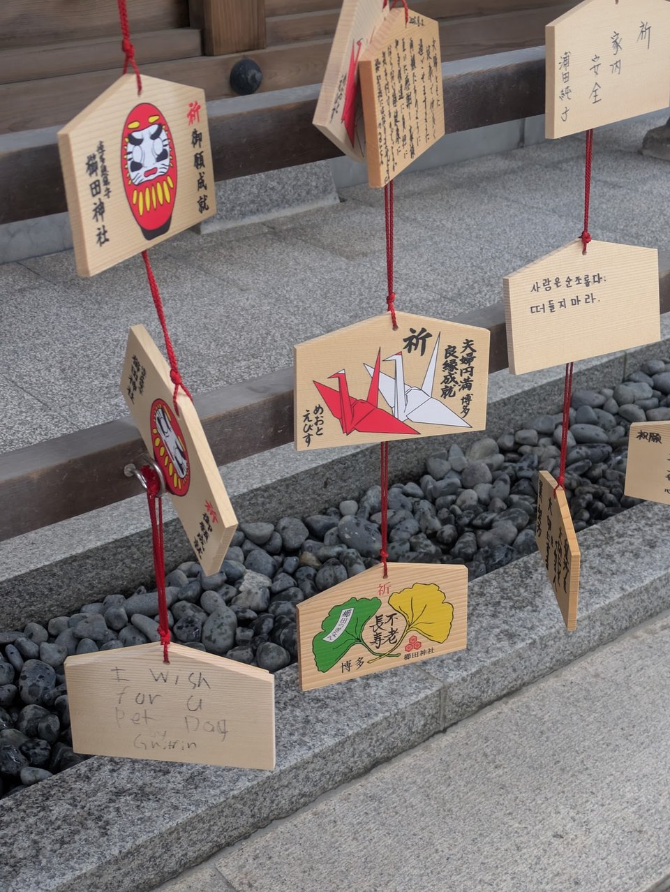 A series of hanging emas. Most are in Japanese, but one is in Korean, and one is in English. The English one reads, in a child's handwriting, "I wish for a Pet Dog by Griffin"
