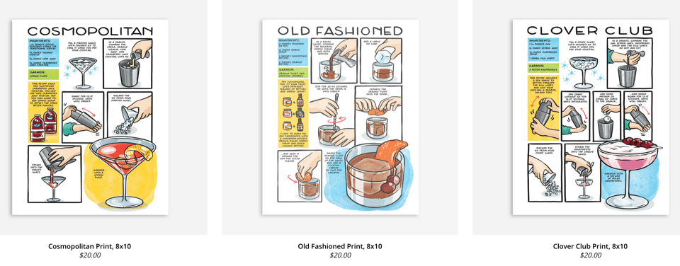 three 8x10" prints, each showing a different cocktail recipe illustrated in comic format.