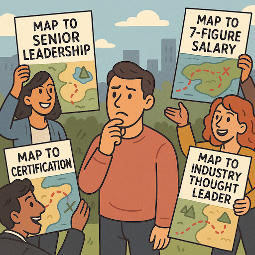 A man stands confused surrounded by people offering multiple career maps: map to senior leadership, map to certification, map to 7-figure salary, map to industry thought leader
