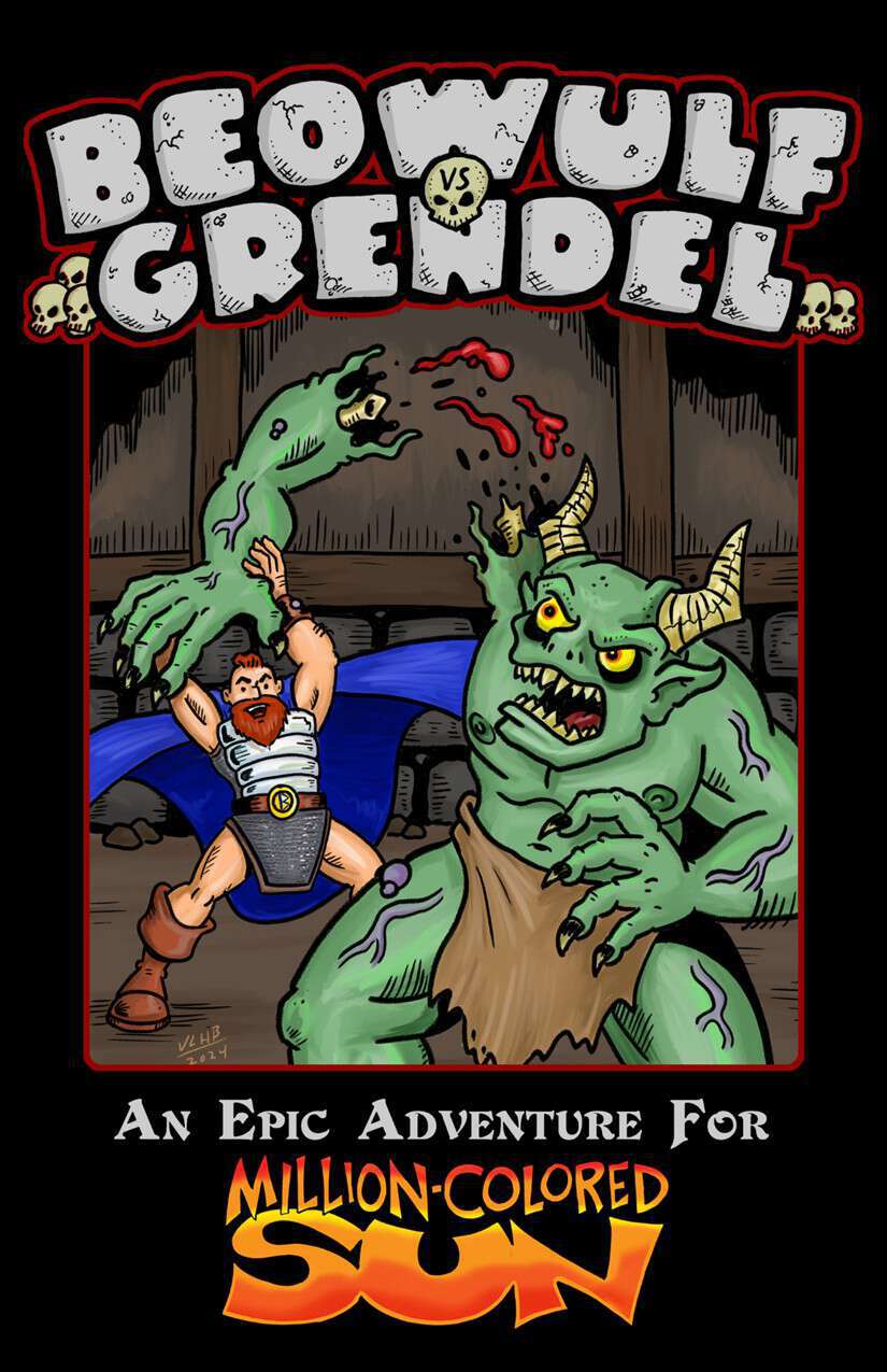 The cover of Beowulf Vs. Grendel, which depicts a bearded warrior man ripping the arm off of a green monster man.