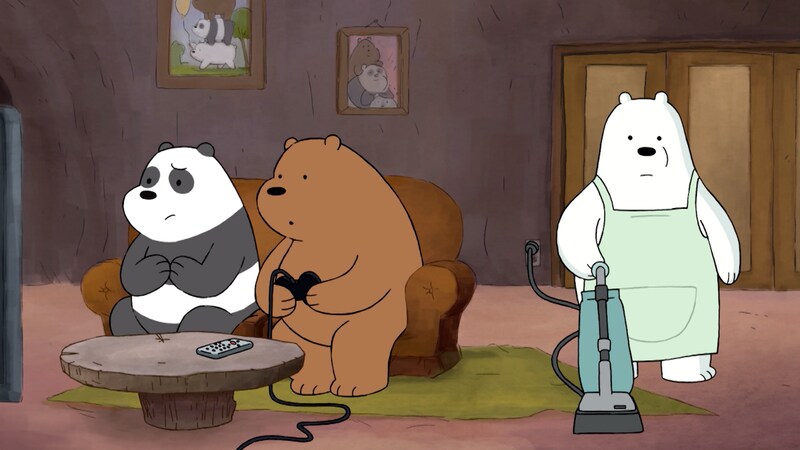I'm more like Ice Bear than I thought (an animated still from "We Bear Bears"), a panda frets on a couch while a grizzly plays videogames and a polar bear in an apron vacuums