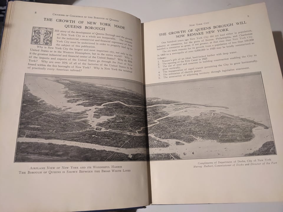 A double-leaved map of Queens, below sections reading "The Growth of New York Made Queens Borough" and "The Growth of Queens Borough Will Now Make New York."