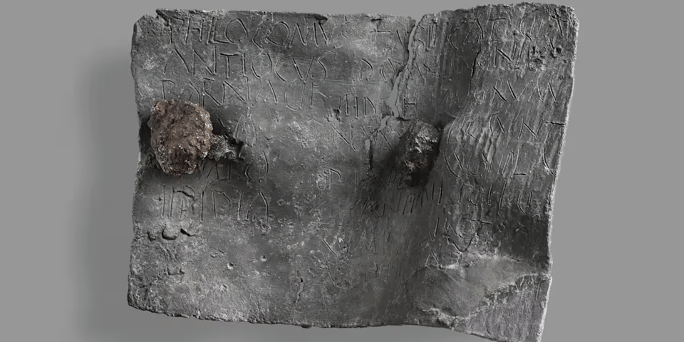 A withered old grey rectangular object that looks possibly like a piece of old buckled wood, or some sort of ancient cloth. It has characters written in scratch marks on it
