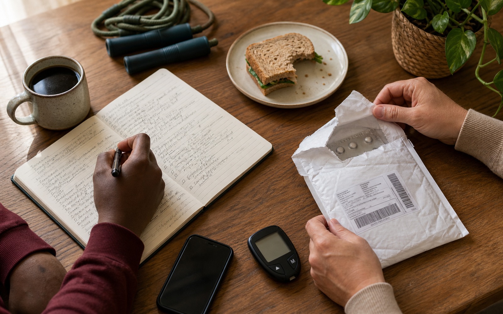 Two people begin with different concerns at a shared kitchen table: one records daily patterns in a well-used notebook while the other opens a pharmacy delivery beside a glucose meter. Coffee, food, a phone, and a jump rope suggest how different parts of everyday life can become a starting point for care.