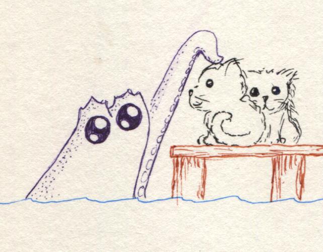 A purple octopus with huge cute eyes reaches out of the ocean to gently touch two kittens who are sitting on a dock looking adorable.
