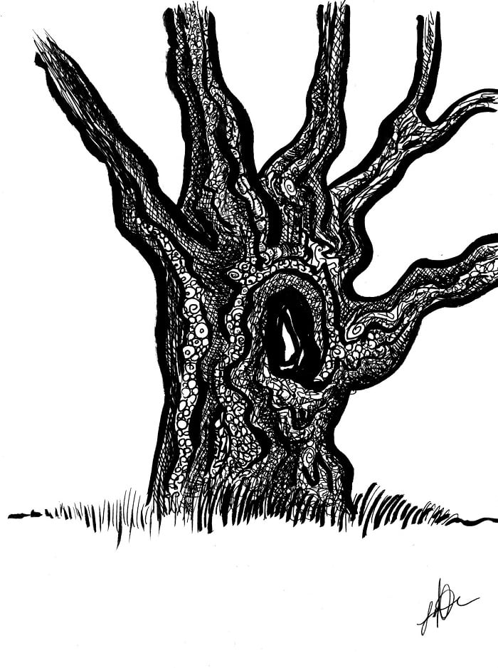 A sad, abstracted black-and-white drawing of a tree that is kind of shaped like a hand.
