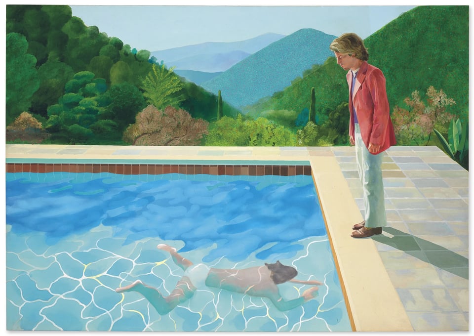 Pool with Two Figures by David Hockney, an acrylic painting of a man in a rose-colored blazer, white pants, and brown shoes standing at the edge of a pool looking at a man swimming underwater. Beyond the edge of the pool is the California landscape, with a series of mountains fading into the distance.