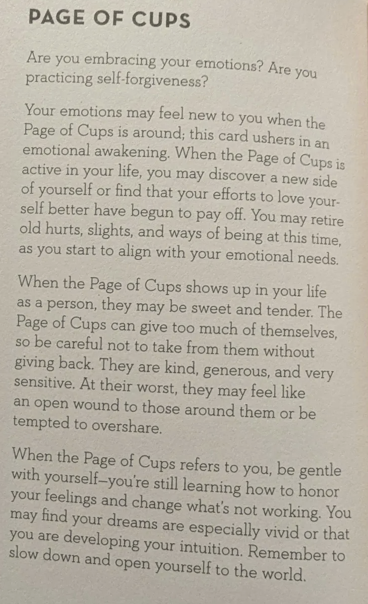 A page from the Rainbow Tarot Guide Book. The opening remark is: "Are you embracing your emotions? Are you practicing self-forgiveness?"