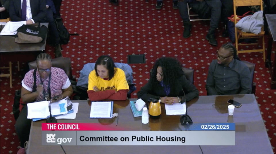 A panel of NYCHA residents gives testimony at a NYC council hearing