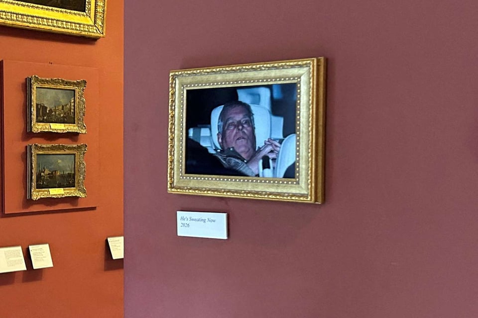 A picture of Andrew Mountbatten Windsor panicking in the back of his car, hanging in the Louvre.