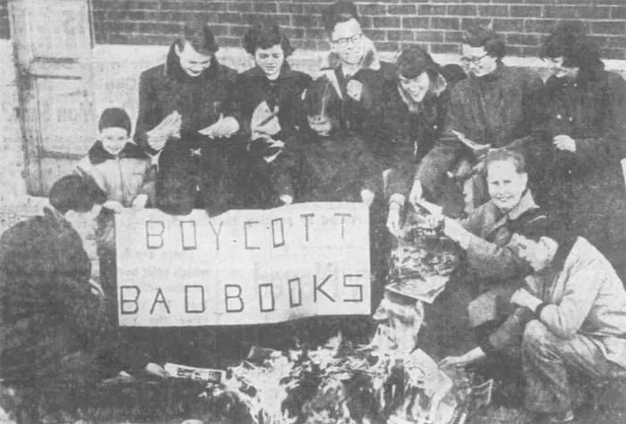 Image of a group of students holding comic books that they lit on fire. Several are holding a sign reading "Boycott bad books."