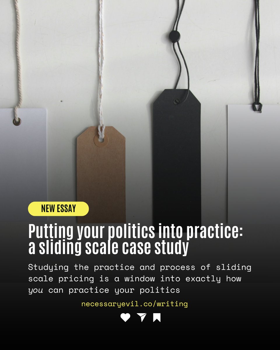 hanging price tags behind text describing the new essay about sliding scale pricing