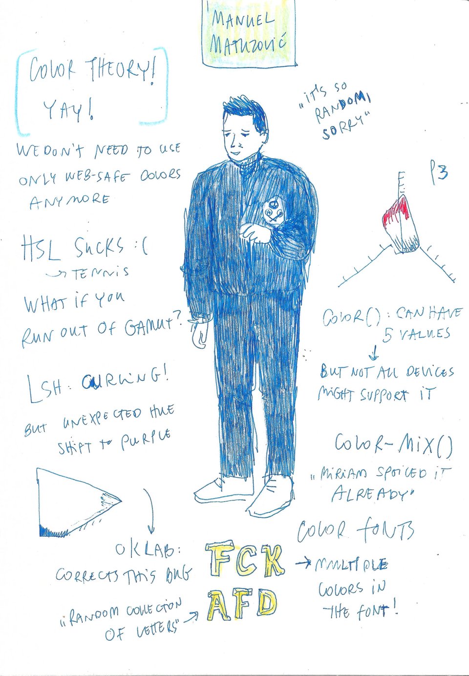 Live sketchnotes of the conference talk of Manuel Matuzović: Color in CSS Or: How I Learned to Disrespect Tennis, at Beyond Tellerrand Berlin 2024. Pen and colored pencil on paper, by Julia Racsko